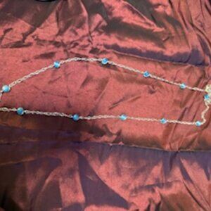 Long Silver Chain Necklace with Turquoise Bead